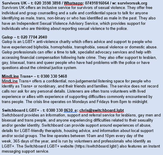 Text Box: Survivors UK – t: 020 3598 3898 / Whatsapp: 07491816064 / w: survivorsuk.org
Survivors UK offers an inclusive service for survivors of sexual violence. They offer free individual and group counselling and a safe and confidential space to talk for anyone identifying as male, trans, non-binary or who has identified as male in the past. They also have an Independent Sexual Violence Advisory Service, which provides support for individuals who are thinking about reporting sexual violence to the police.
Galop – t: 020 7704 2040
Galop is an LGBT+ anti-violence charity which offers advice and support to people who have experienced biphobia, homophobia, transphobia, sexual violence or domestic abuse. Galop professionals can offer a time to talk, specialist advocacy services and help with accessing financial compensation following hate crime. They also offer support to lesbian, gay, bisexual, trans and queer people who have had problems with the police or have questions about the criminal justice system.
MindLine Trans+ – t: 0300 330 5468
MindLine Trans+ offers a confidential, non-judgemental listening space for people who identify as Trans+ or nonbinary, and their friends and families. The service does not record calls nor ask for any personal details. Listeners are often trans volunteers with lived experience or allies with experience of supporting difficulties commonly encountered by trans people. The crisis line operates on Mondays and Fridays from 8pm to midnight.
Switchboard LGBT+ - t: 0300 330 0630  e: chris@switchboard.lgbt
Switchboard provides an information, support and referral service for lesbians, gay men and bisexual and trans people, and anyone experiencing difficulties related to their sexuality and/or gender identity. Switchboard can provide support around experiences of abuse, details for LGBT-friendly therapists, housing advice, and information about local support and/or social groups. The line operates between 10am and 10pm every day of the week, 365 days of the year, and is run by volunteers and professionals who identify as LGBT+. The Switchboard LGBT+ website (https://switchboard.lgbt/) also features an instant messaging support service.




